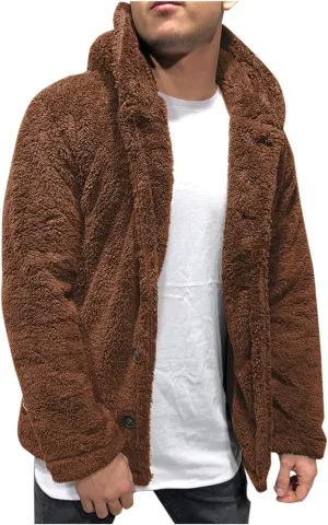 Mens Fuzzy Sherpa Cardigan Warm Thick Jacket with Fleece Hooded Open Front Fluffy Button Down Coat