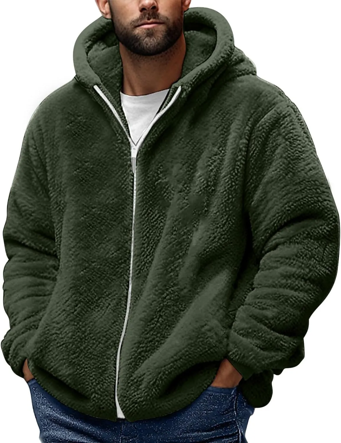 Mens Fuzzy Sherpa Hoodie Sweatshirts Soft Long Sleeve Zip up Sweatshirt Fall Outwear Winter Hooded Jacket with Pocket