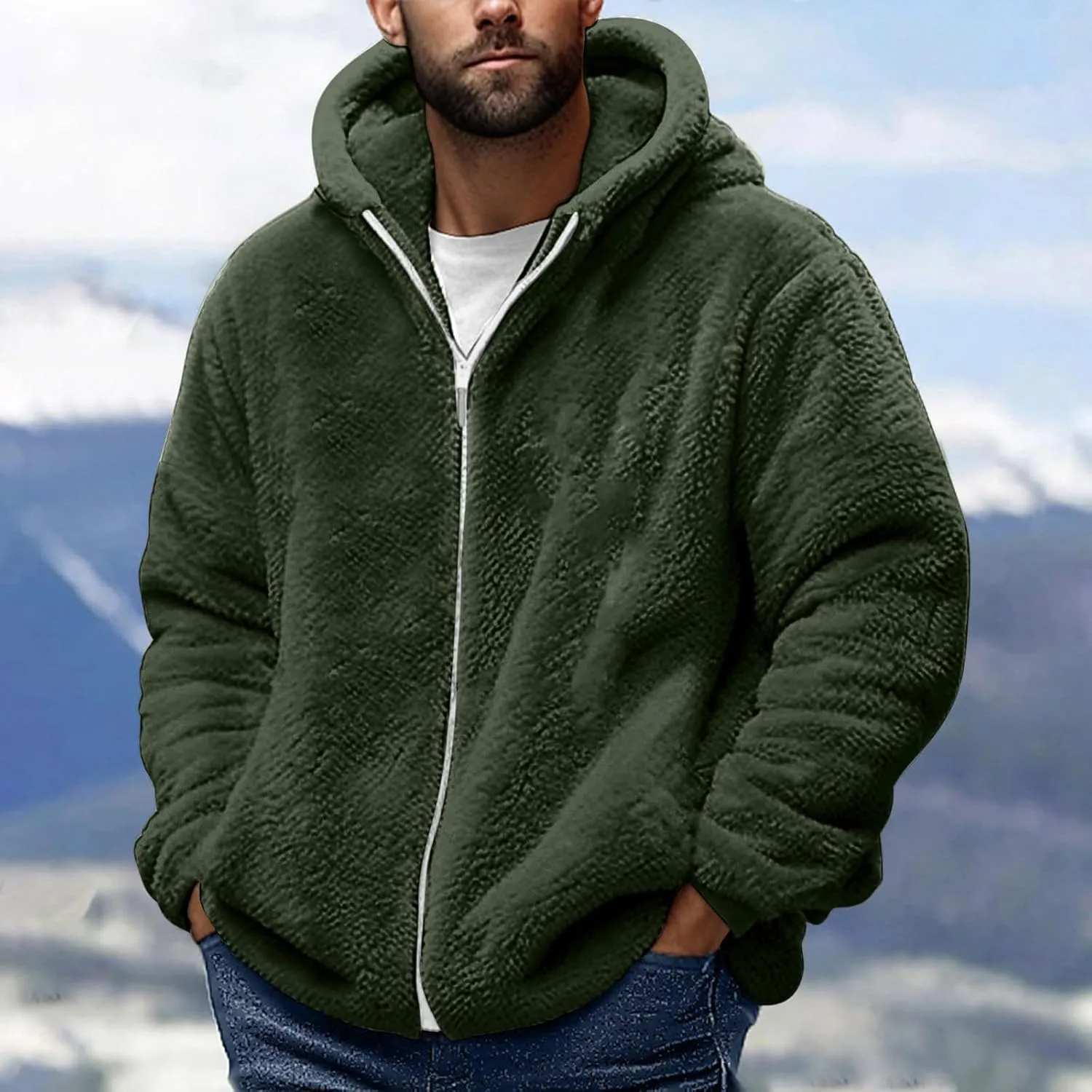 Mens Fuzzy Sherpa Hoodie Sweatshirts Soft Long Sleeve Zip up Sweatshirt Fall Outwear Winter Hooded Jacket with Pocket