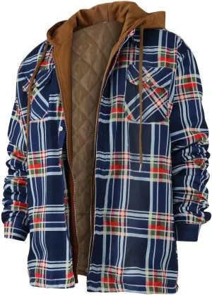 Men's Heavyweight Plaid Hoodie Jacket Zip Up Long Sleeve Fleece Sweatshirt Coat With Hood Fashion Stylish,M-5XL