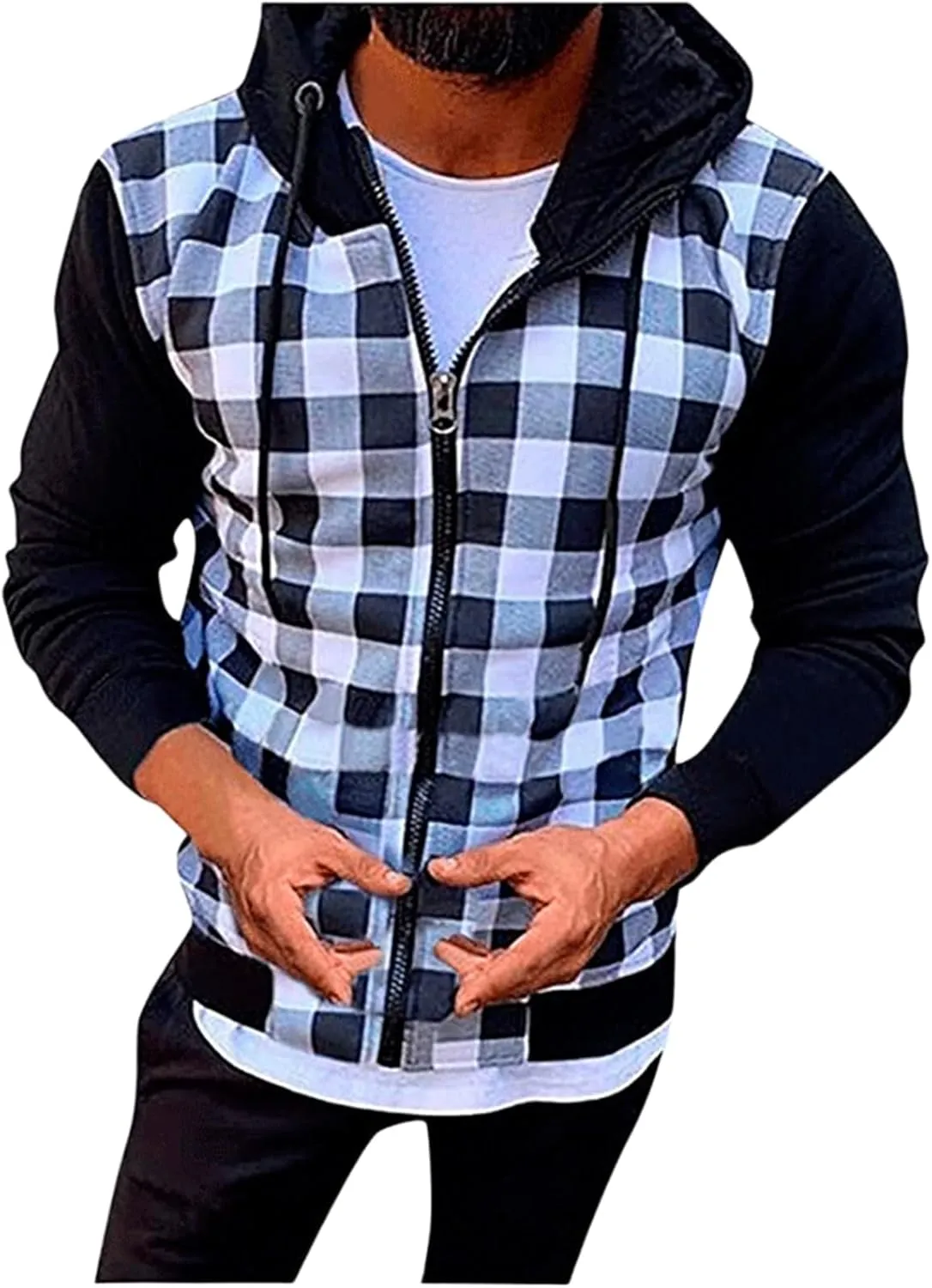 Mens Hooded Plaid Jacket Long Sleeve Casual Thin Coat Lightweight Casual Slim Fit Track Jackets with Checkered