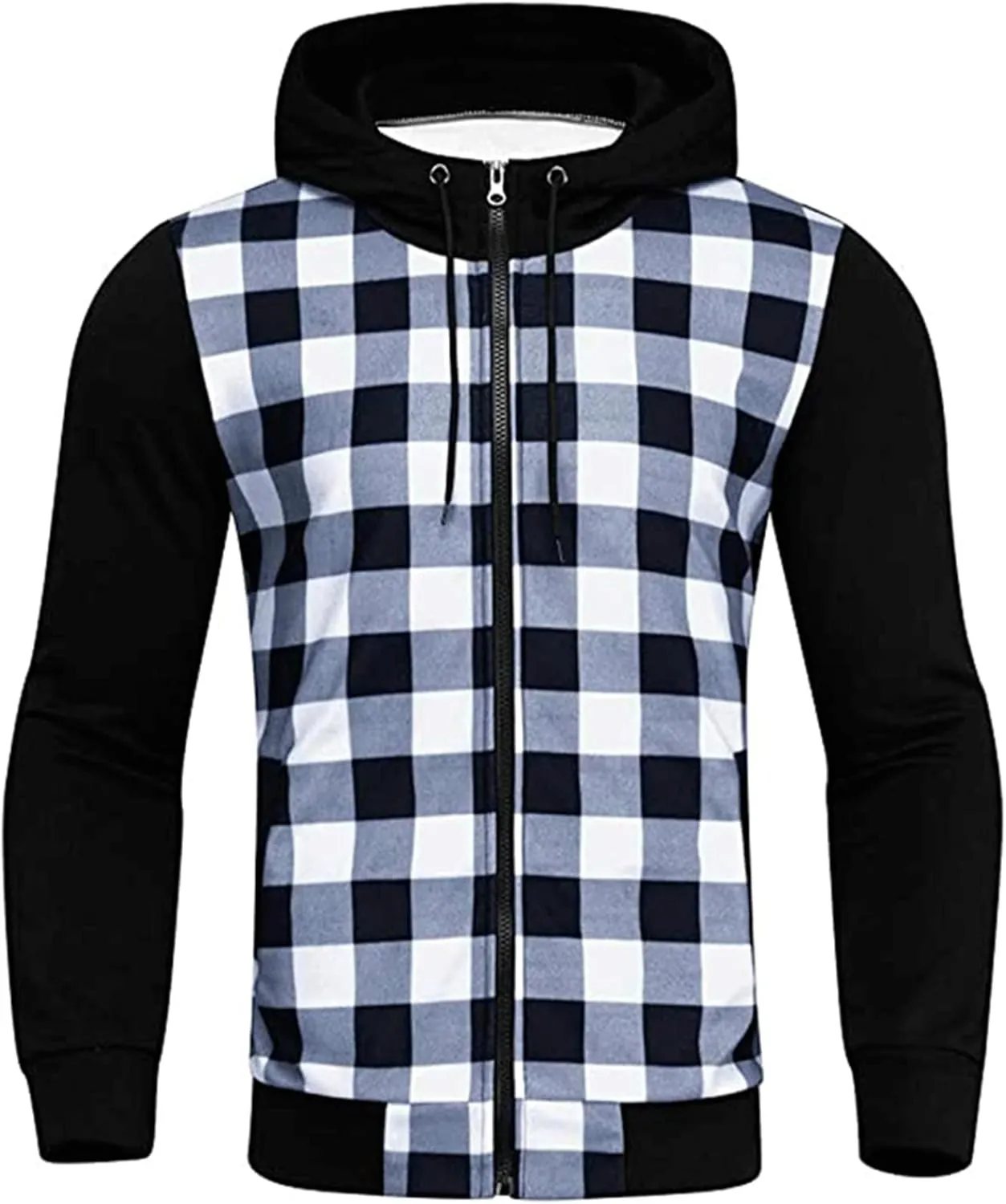 Mens Hooded Plaid Jacket Long Sleeve Casual Thin Coat Lightweight Casual Slim Fit Track Jackets with Checkered