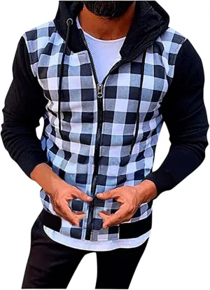 Mens Hooded Plaid Jacket Long Sleeve Casual Thin Coat Lightweight Casual Slim Fit Track Jackets with Checkered