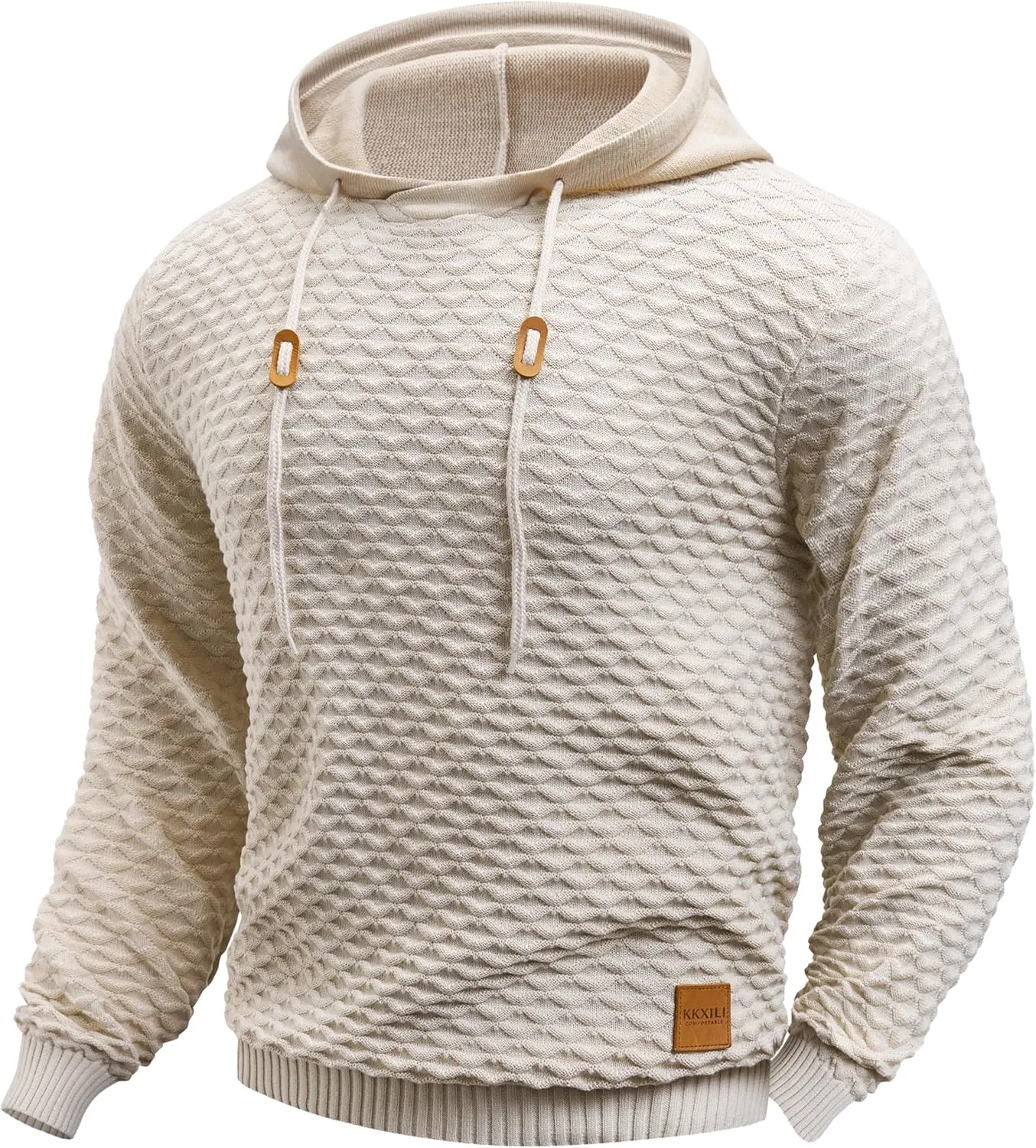 Mens Hooded Sweatshirt Casual Long Sleeve Drawstring Solid Knitted Hoodie Pullover Sweater