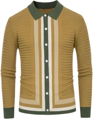 Men's Knit Cardigan Sweaters, Long Sleeve Contrast Striped Vintage Casual Button Down Lightweight Cardigan Sweaters