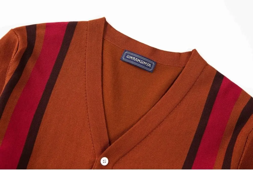 Men's Knit Cardigan Sweaters, Long Sleeve Contrast Striped Vintage Casual Button Down Lightweight Cardigan Sweaters