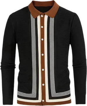 Men's Knit Cardigan Sweaters, Long Sleeve Contrast Striped Vintage Casual Button Down Lightweight Cardigan Sweaters