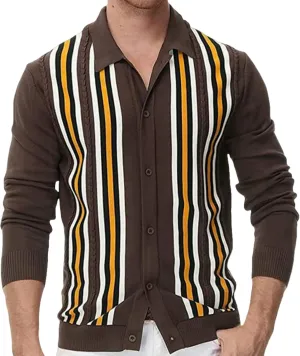 Men's Knit Cardigan Sweaters, Long Sleeve Contrast Striped Vintage Casual Button Down Lightweight Cardigan Sweaters