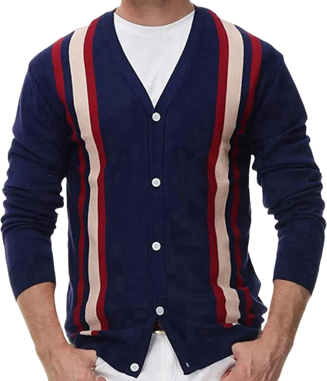 Men's Knit Cardigan Sweaters, Long Sleeve Contrast Striped Vintage Casual Button Down Lightweight Cardigan Sweaters