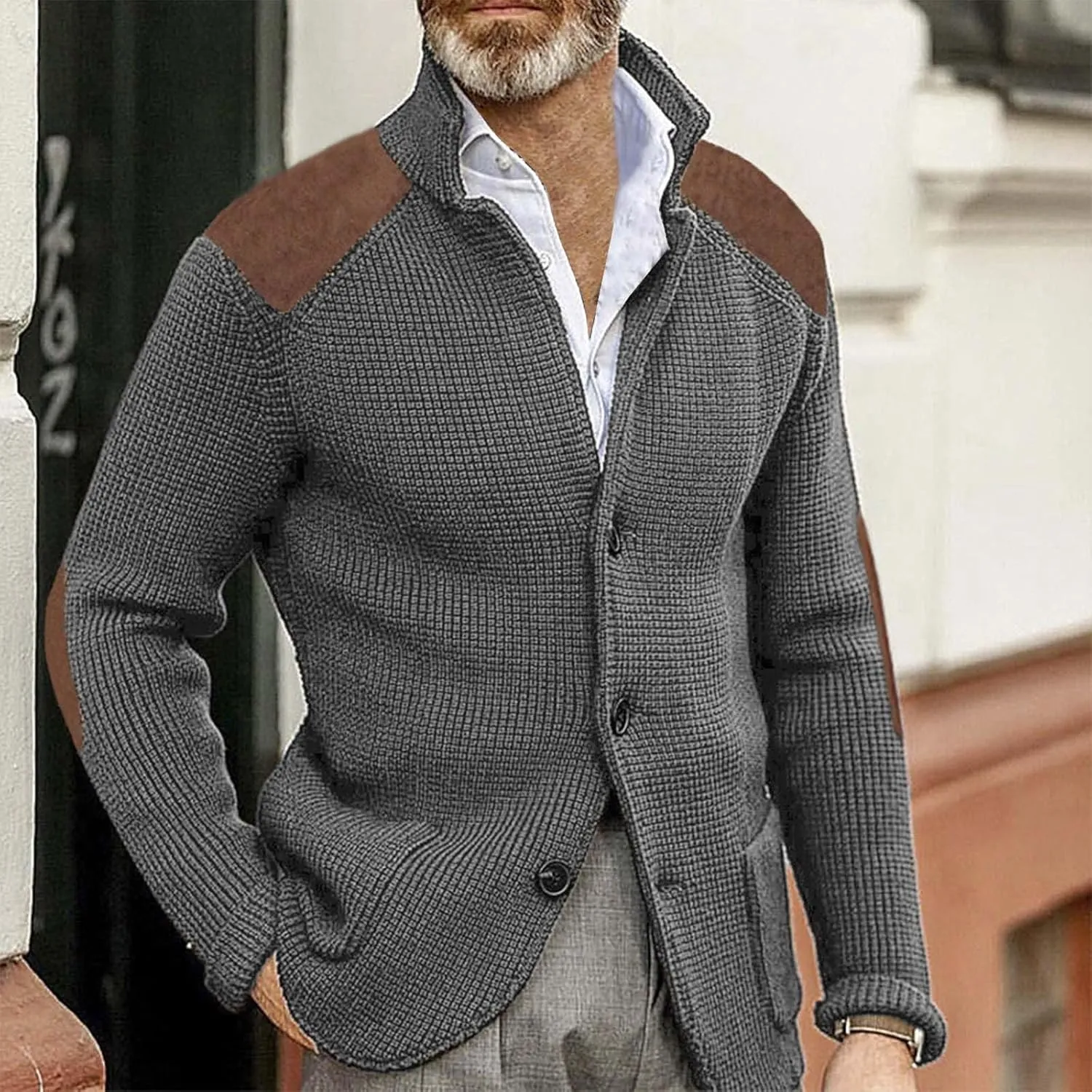 Mens Knitted Cardigan Sweater Stand Collar Chunky Coats Vintage Button Down Thermal Suit Jacket Outwear with Pockets