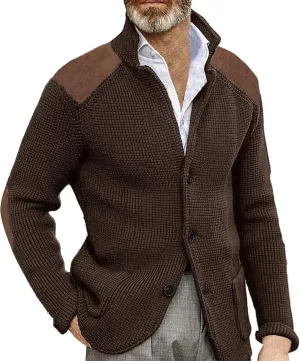 Mens Knitted Cardigan Sweater Stand Collar Chunky Coats Vintage Button Down Thermal Suit Jacket Outwear with Pockets