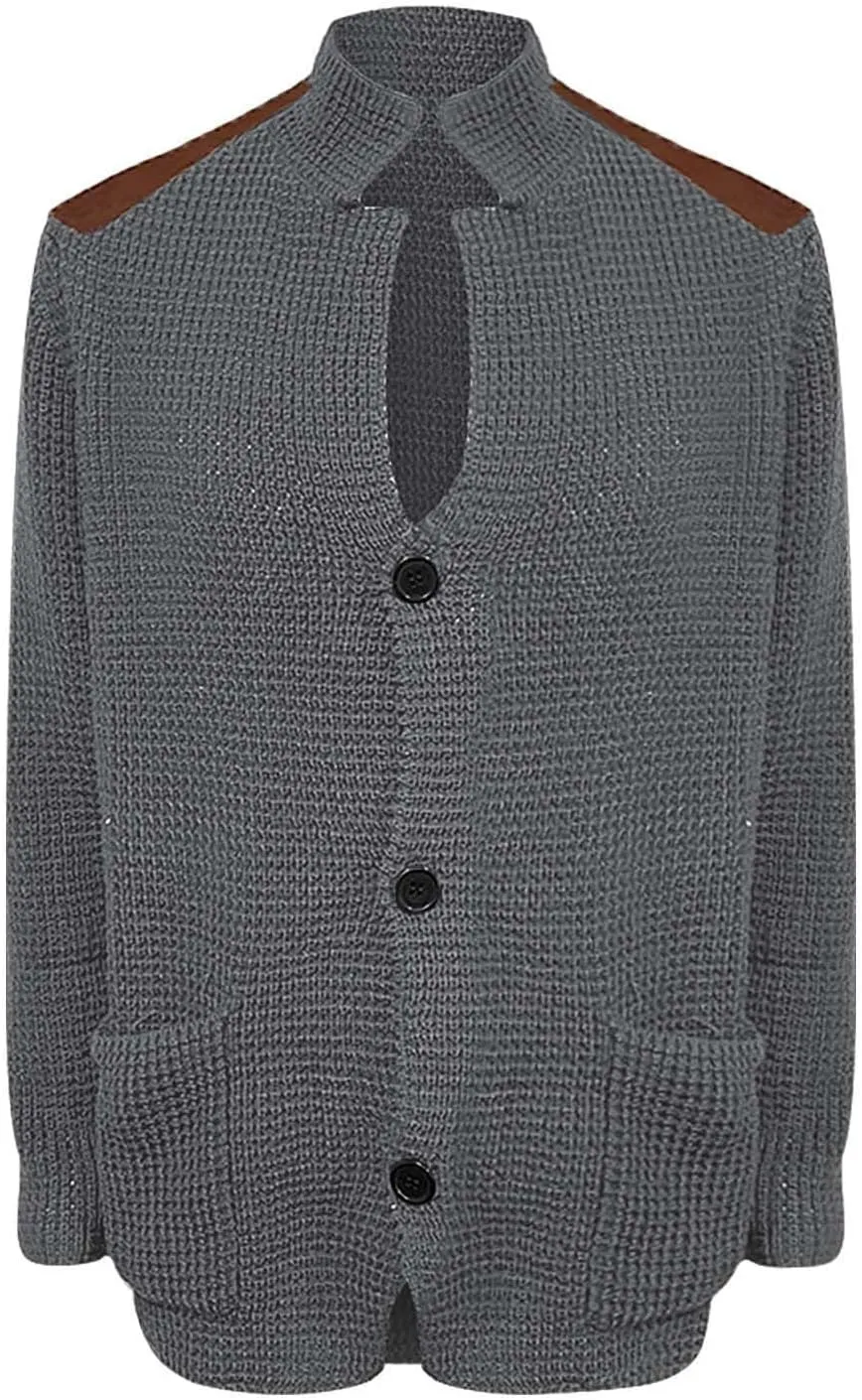 Mens Knitted Cardigan Sweater Stand Collar Chunky Coats Vintage Button Down Thermal Suit Jacket Outwear with Pockets