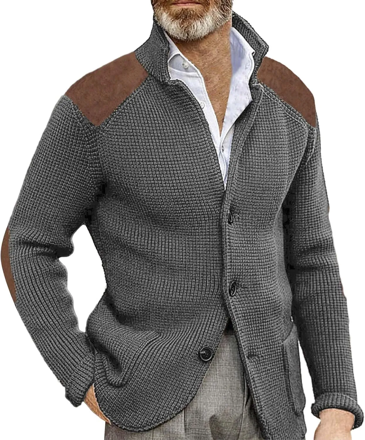 Mens Knitted Cardigan Sweater Stand Collar Chunky Coats Vintage Button Down Thermal Suit Jacket Outwear with Pockets