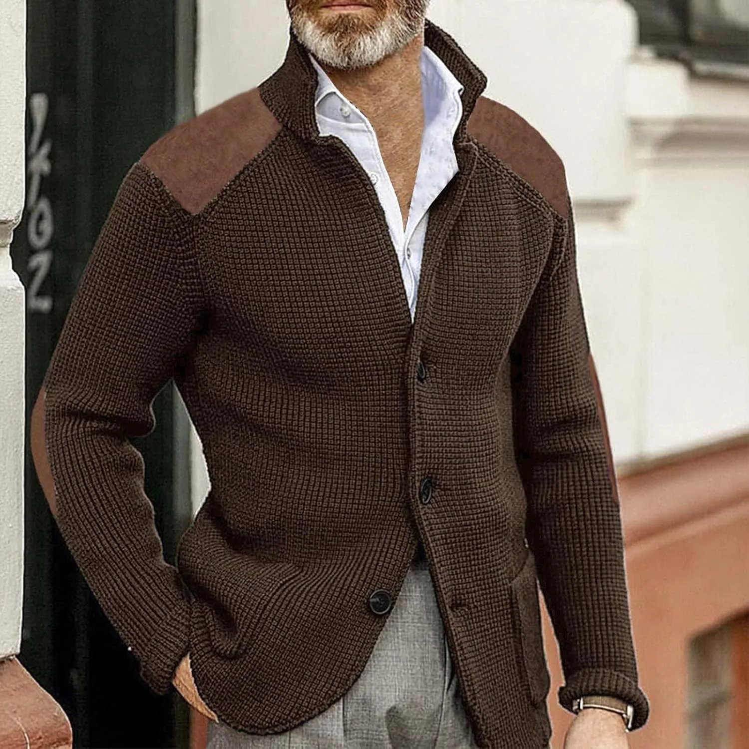 Mens Knitted Cardigan Sweater Stand Collar Chunky Coats Vintage Button Down Thermal Suit Jacket Outwear with Pockets