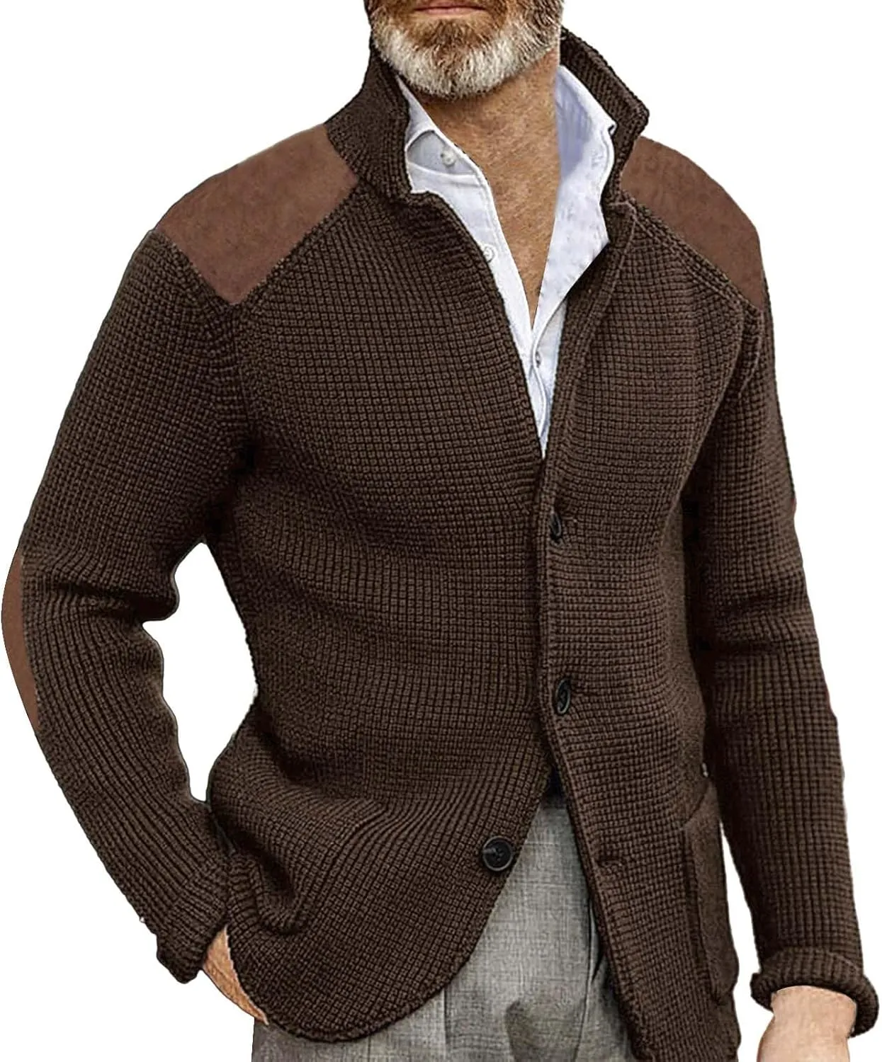 Mens Knitted Cardigan Sweater Stand Collar Chunky Coats Vintage Button Down Thermal Suit Jacket Outwear with Pockets