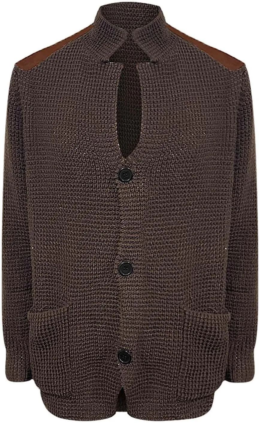 Mens Knitted Cardigan Sweater Stand Collar Chunky Coats Vintage Button Down Thermal Suit Jacket Outwear with Pockets