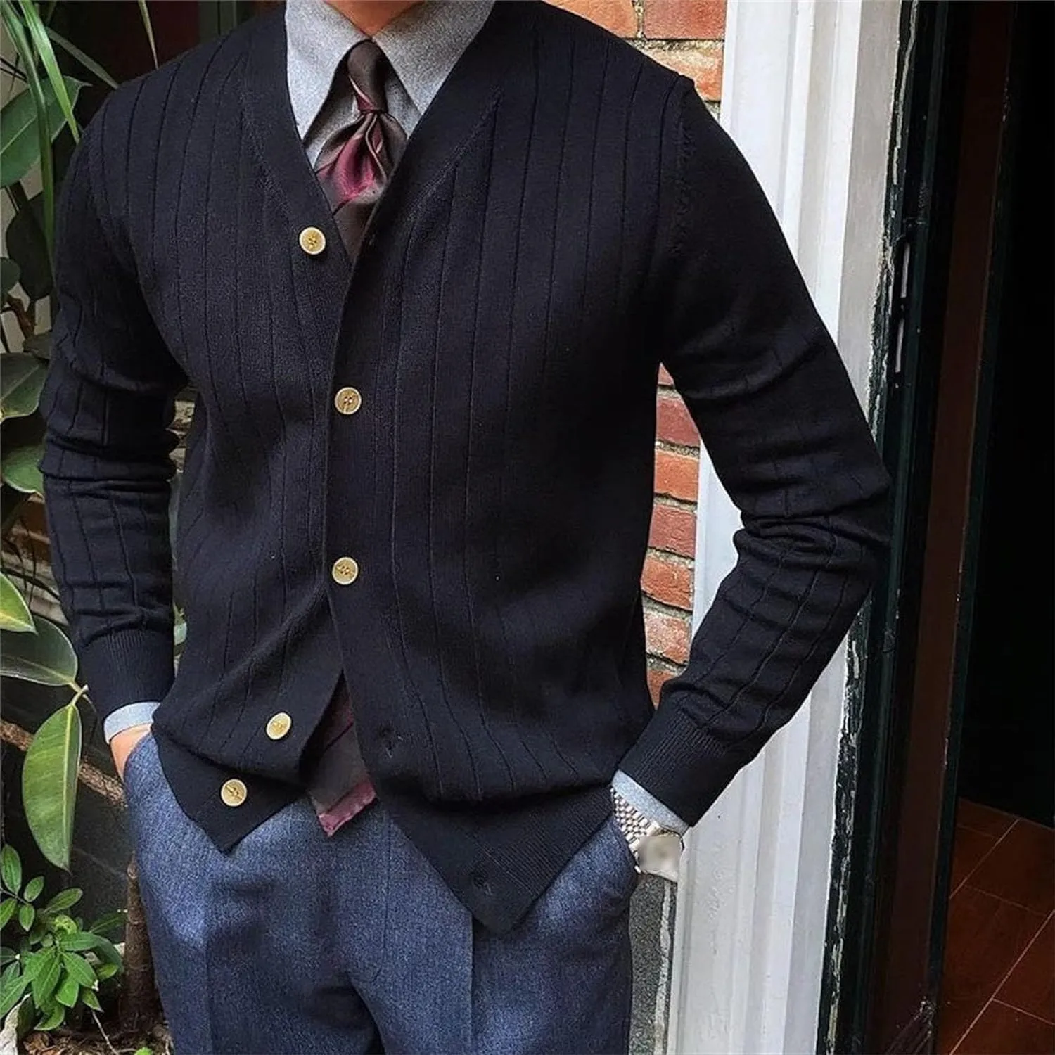 Men's Knitted Ribbed V Neck Sweater Cardigan Button Up Regular Fit Sweater Ribbed Long Sleeve Casual Sweaters