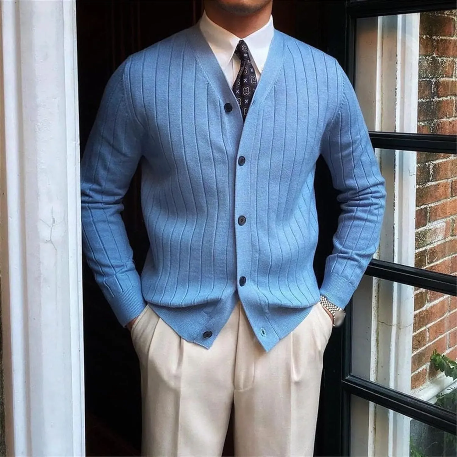 Men's Knitted Ribbed V Neck Sweater Cardigan Button Up Regular Fit Sweater Ribbed Long Sleeve Casual Sweaters