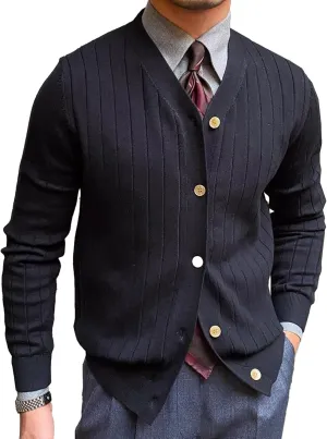 Men's Knitted Ribbed V Neck Sweater Cardigan Button Up Regular Fit Sweater Ribbed Long Sleeve Casual Sweaters