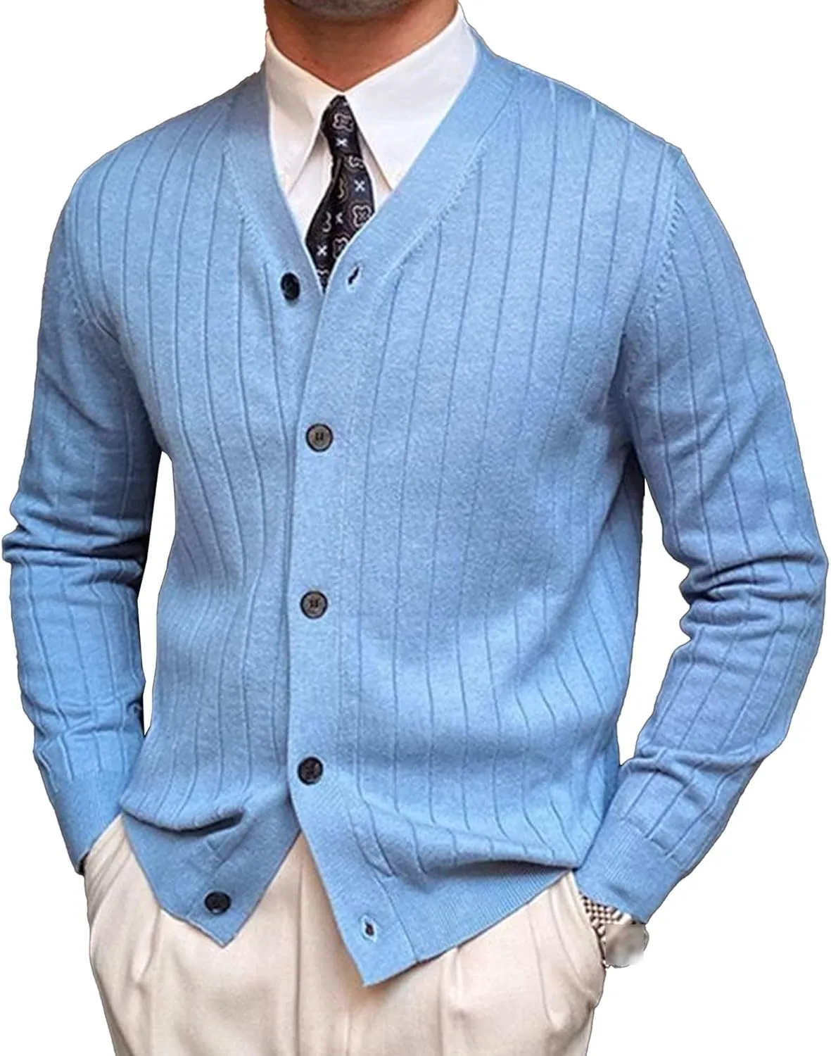 Men's Knitted Ribbed V Neck Sweater Cardigan Button Up Regular Fit Sweater Ribbed Long Sleeve Casual Sweaters