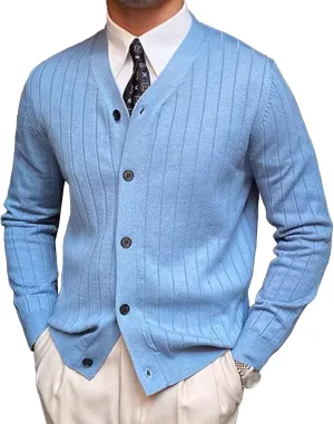 Men's Knitted Ribbed V Neck Sweater Cardigan Button Up Regular Fit Sweater Ribbed Long Sleeve Casual Sweaters