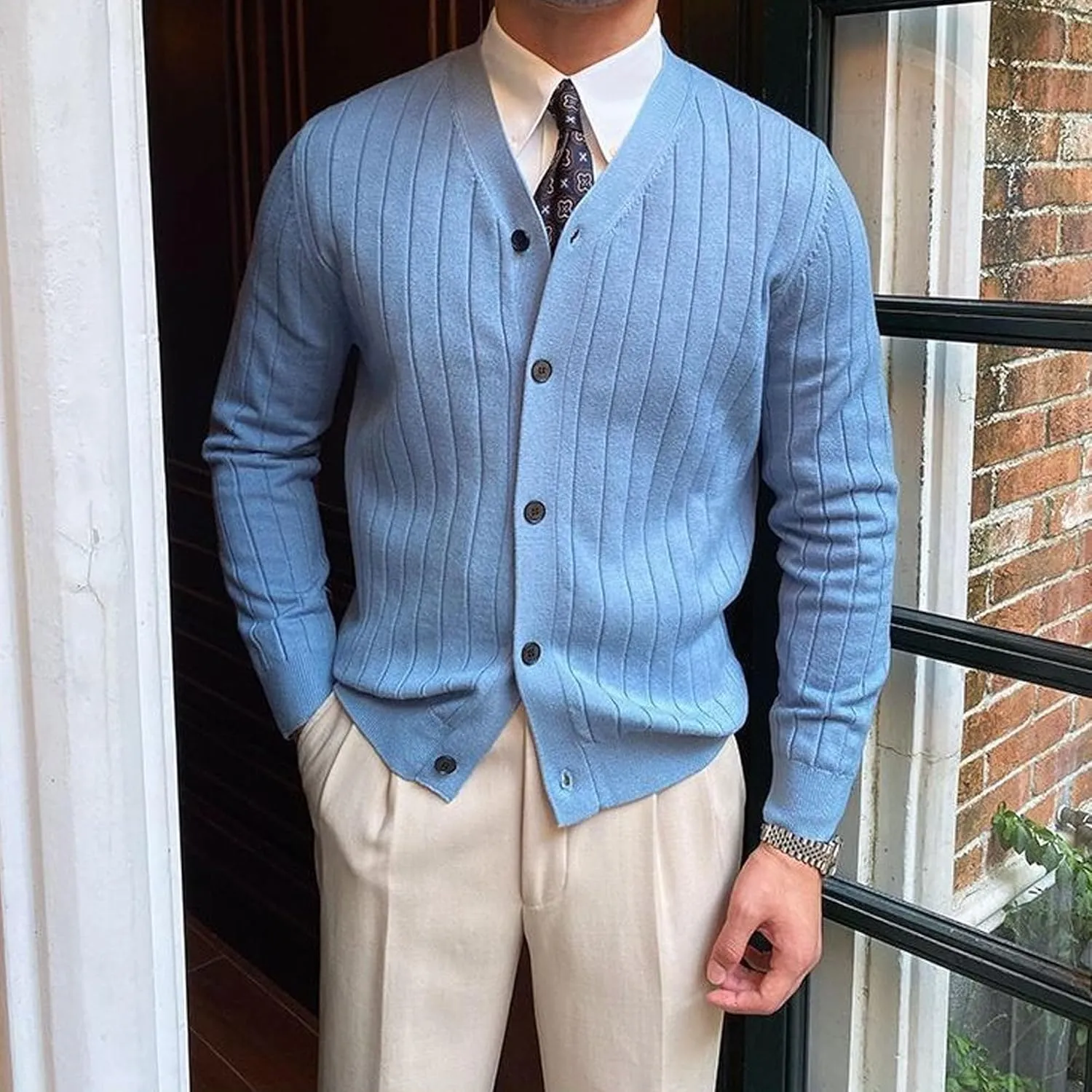 Men's Knitted Ribbed V Neck Sweater Cardigan Button Up Regular Fit Sweater Ribbed Long Sleeve Casual Sweaters
