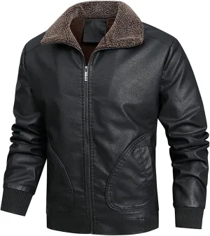 Men's Lapel Full Zip Up Fleece Lined Bomber Faux Leather Jacket Motorcycle Leather Sherpa Jackets Casual Warm Coats