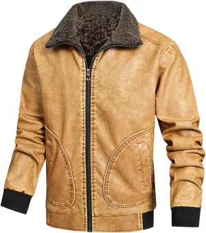 Men's Lapel Full Zip Up Fleece Lined Bomber Faux Leather Jacket Motorcycle Leather Sherpa Jackets Casual Warm Coats