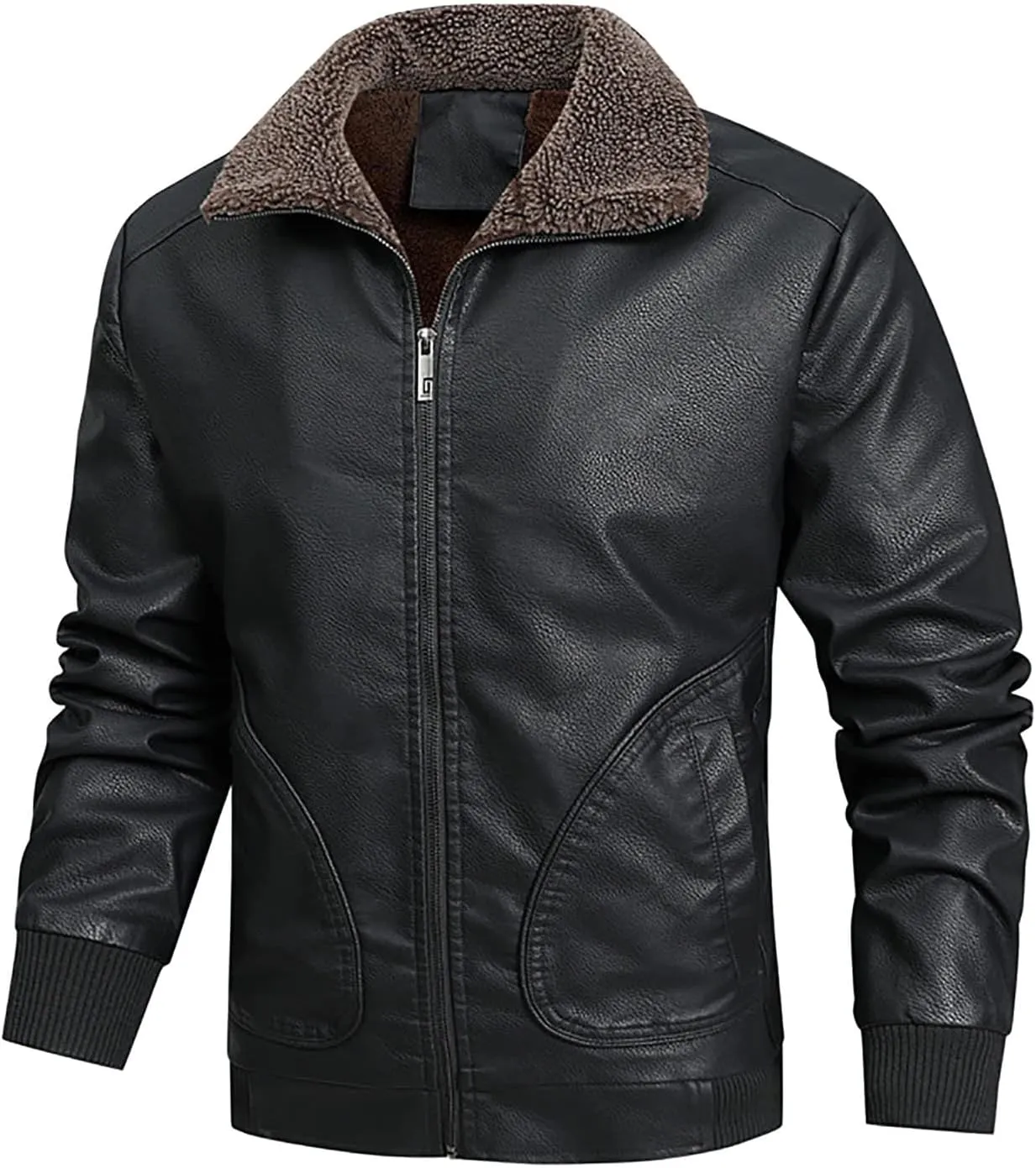 Men's Lapel Full Zip Up Fleece Lined Bomber Faux Leather Jacket Motorcycle Leather Sherpa Jackets Casual Warm Coats