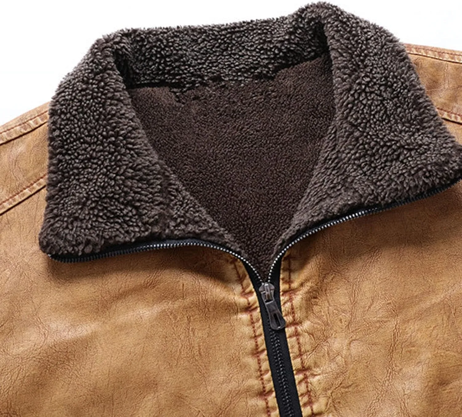 Men's Lapel Full Zip Up Fleece Lined Bomber Faux Leather Jacket Motorcycle Leather Sherpa Jackets Casual Warm Coats