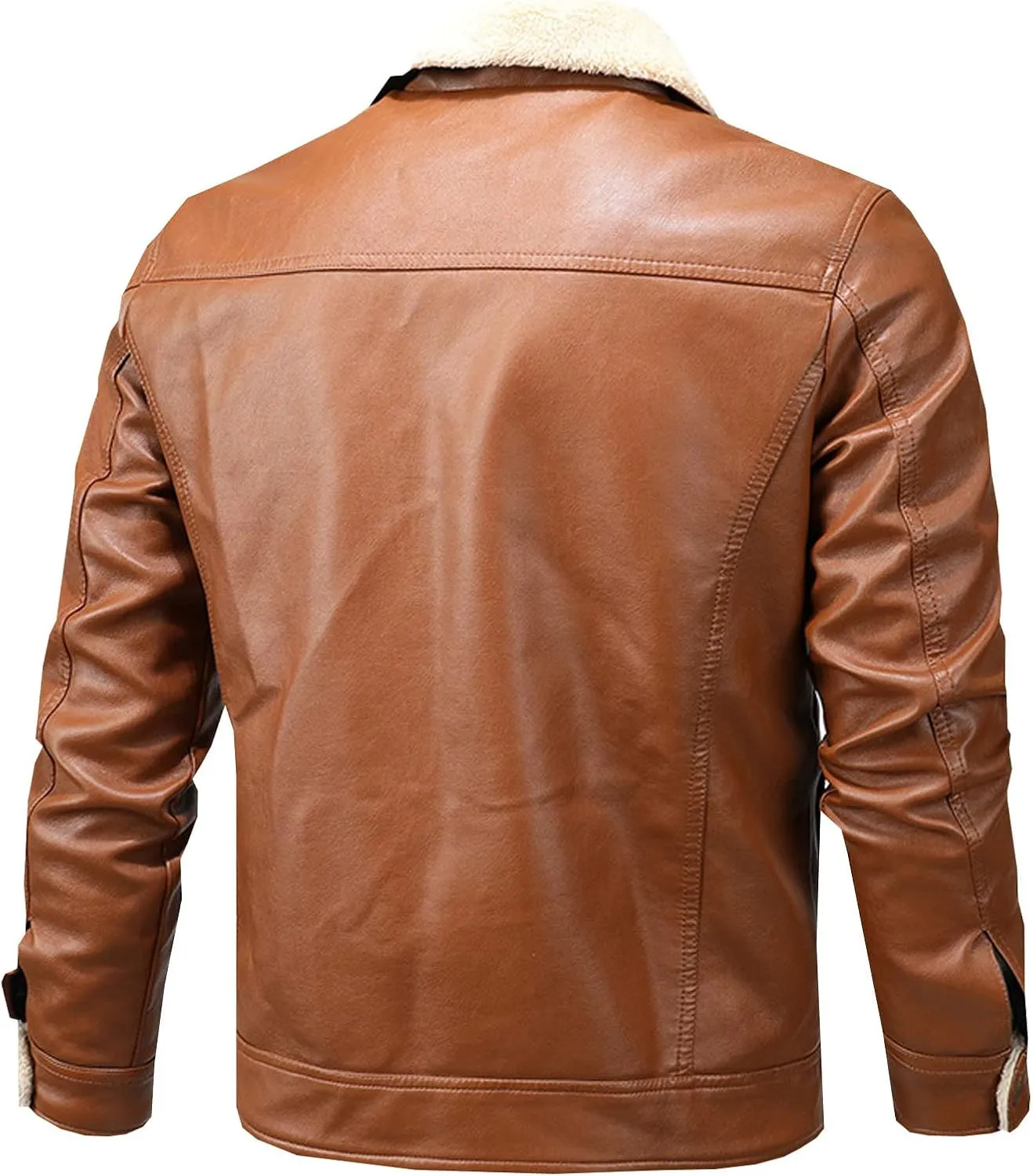 Men's Lapel Zip Up Fleece Lined Bomber Faux Leather Jacket Motorcycle Leather Sherpa Jackets Casual Winter Warm Coat