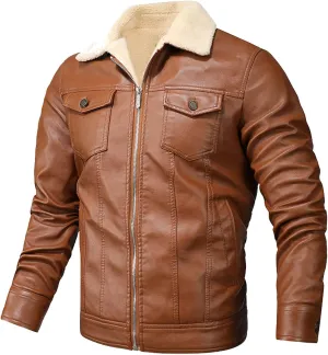 Men's Lapel Zip Up Fleece Lined Bomber Faux Leather Jacket Motorcycle Leather Sherpa Jackets Casual Winter Warm Coat