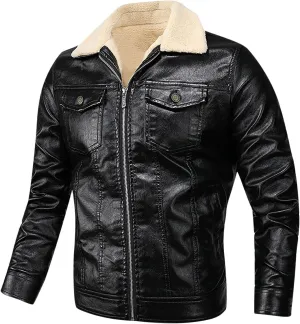 Men's Lapel Zip Up Fleece Lined Bomber Faux Leather Jacket Motorcycle Leather Sherpa Jackets Casual Winter Warm Coat