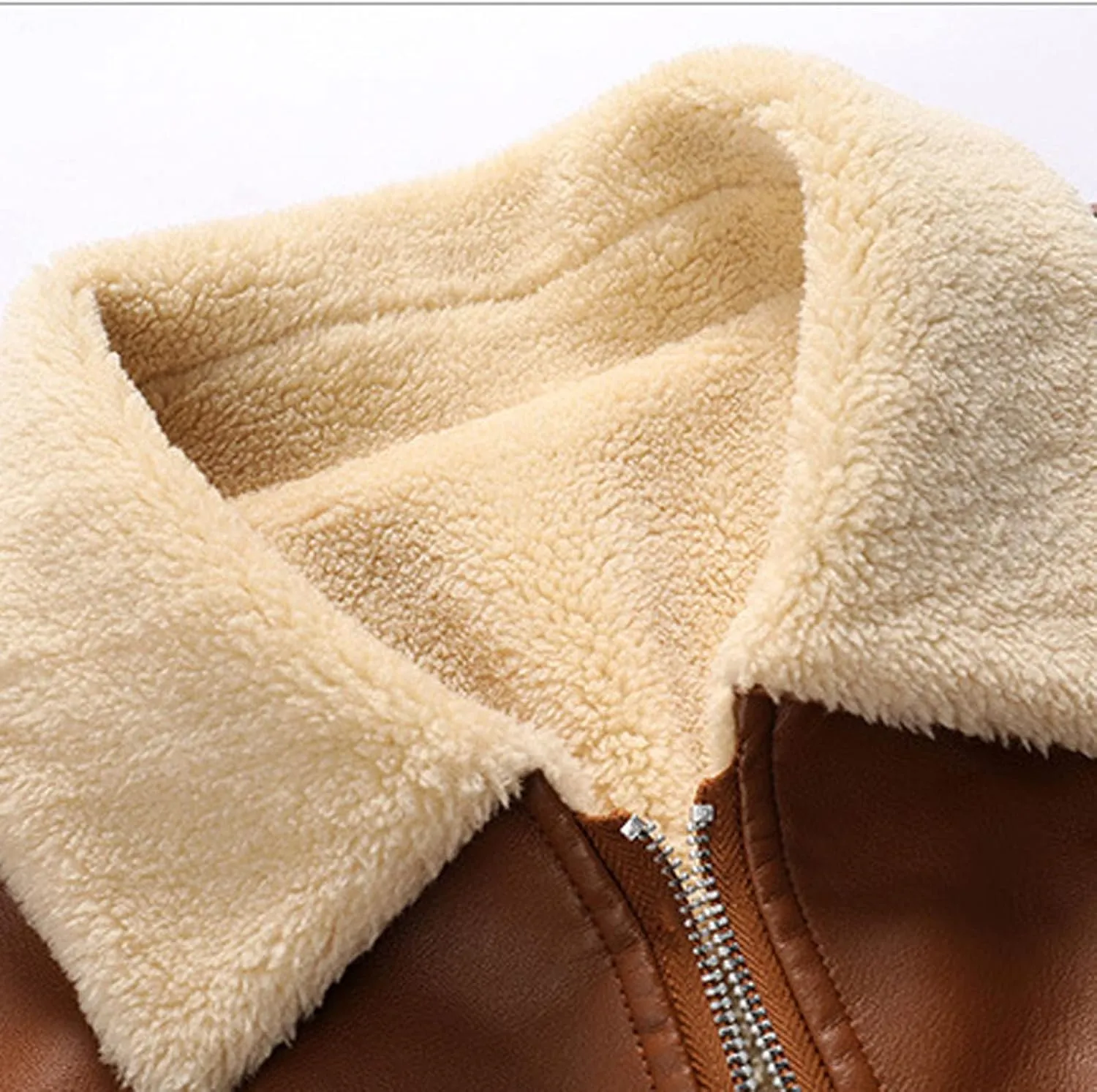 Men's Lapel Zip Up Fleece Lined Bomber Faux Leather Jacket Motorcycle Leather Sherpa Jackets Casual Winter Warm Coat