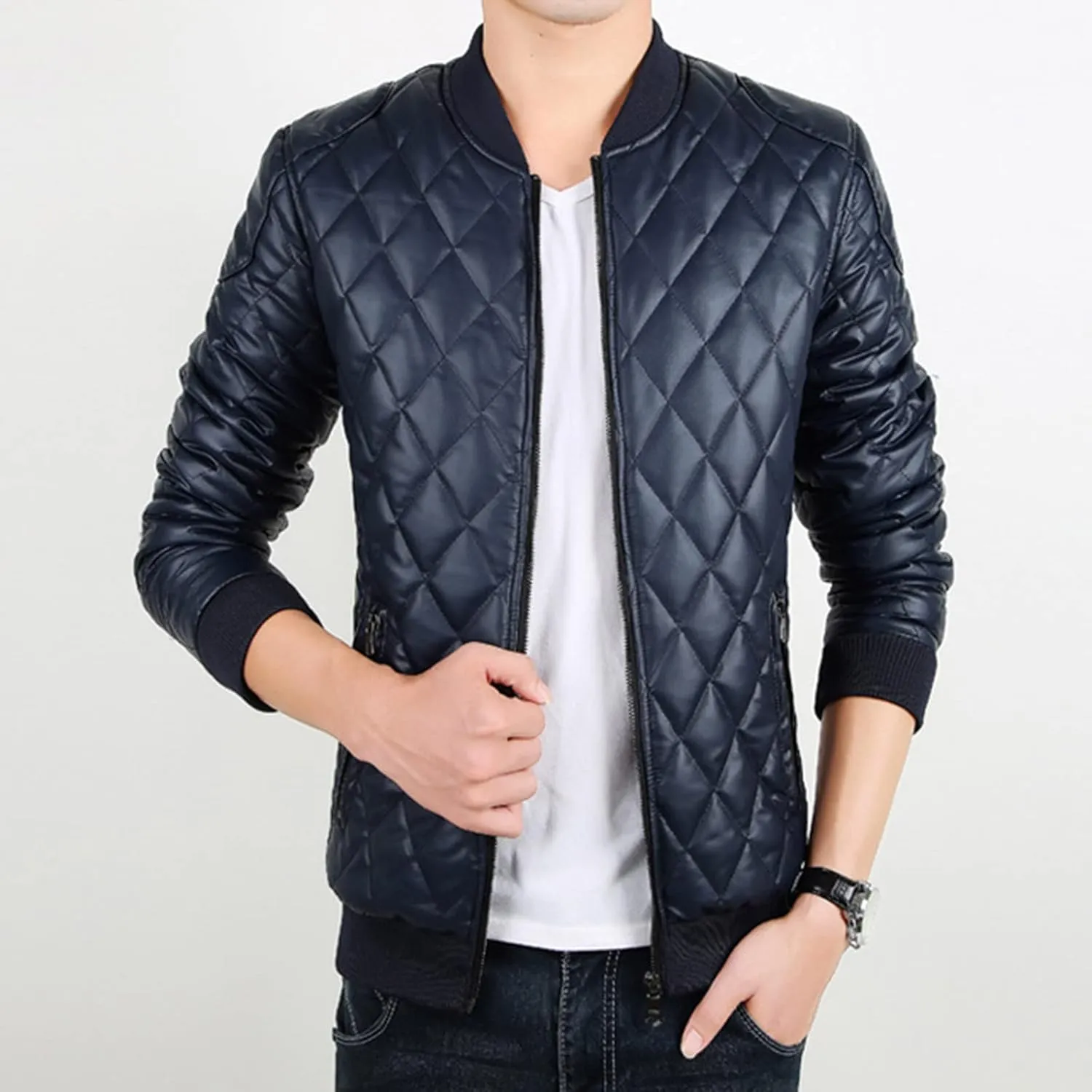 Mens Leather Jacket Motorcycle Faux Leather Bomber Jacket Lightweight Vintage Classic Zip Up Biker Pu Leather Jackets