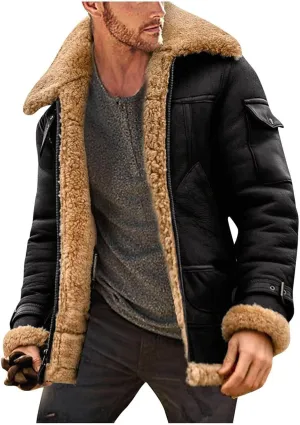 Mens Leather Jacket Sherpa Lined Jacket Faux Fur Leather Coat Zip Up Thicken Trench Coat Casual Winter Outwear