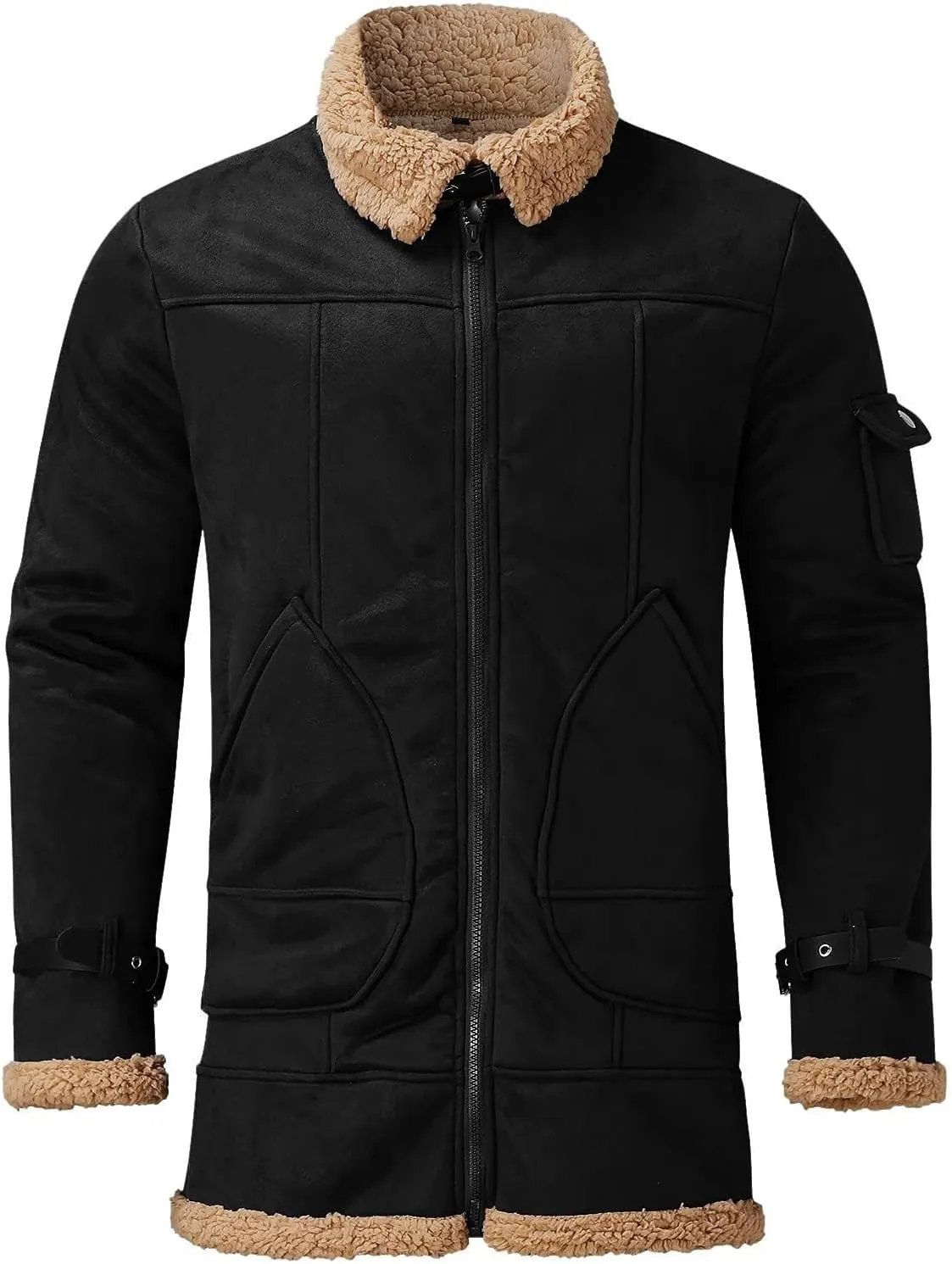 Mens Leather Jacket Sherpa Lined Jacket Faux Fur Leather Coat Zip Up Thicken Trench Coat Casual Winter Outwear