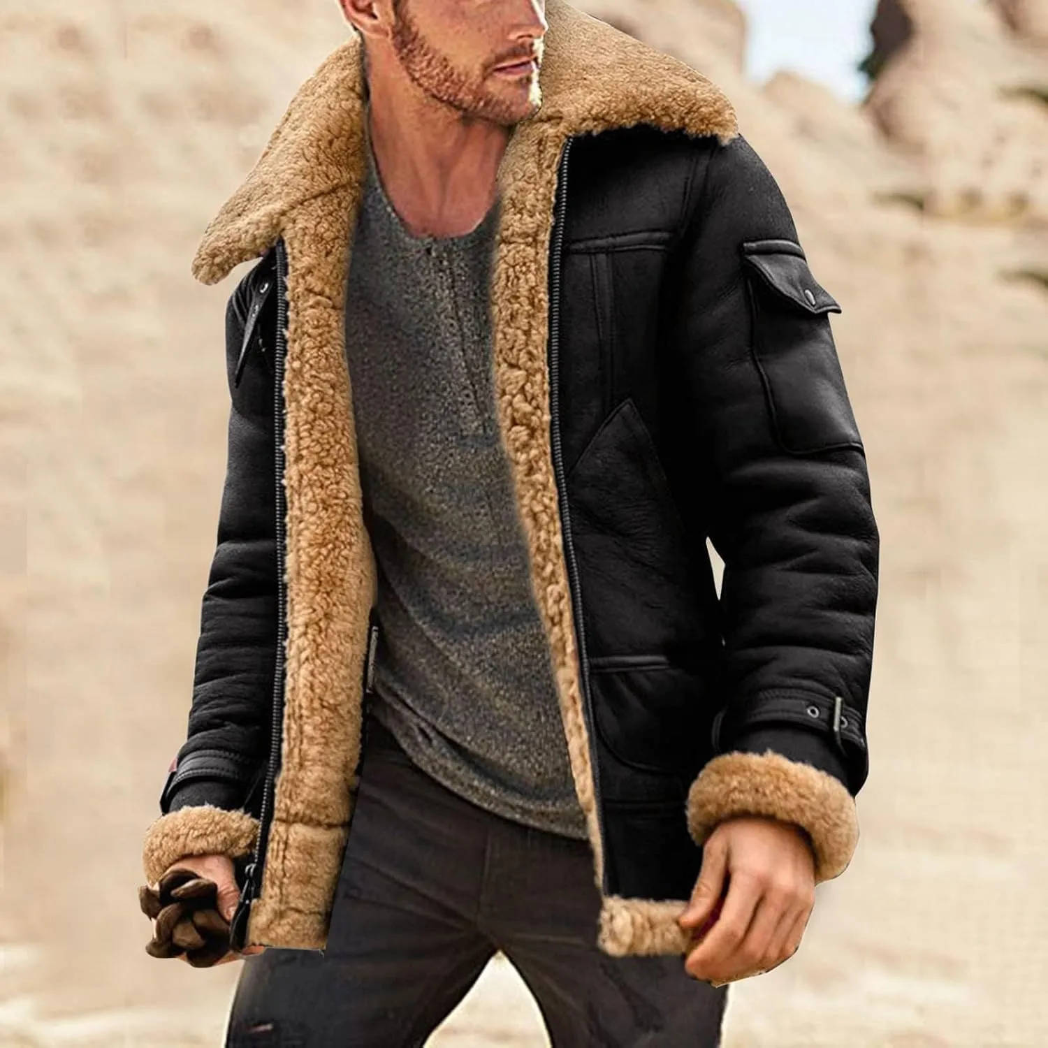 Mens Leather Jacket Sherpa Lined Jacket Faux Fur Leather Coat Zip Up Thicken Trench Coat Casual Winter Outwear