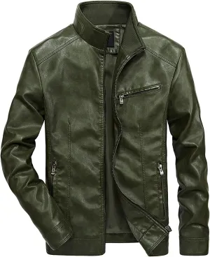 Mens Leather Jacket Slim Fit Motorcycle Biker Jackets Long Sleeve Stand Collar Faux Leather Casual Bomber Coat