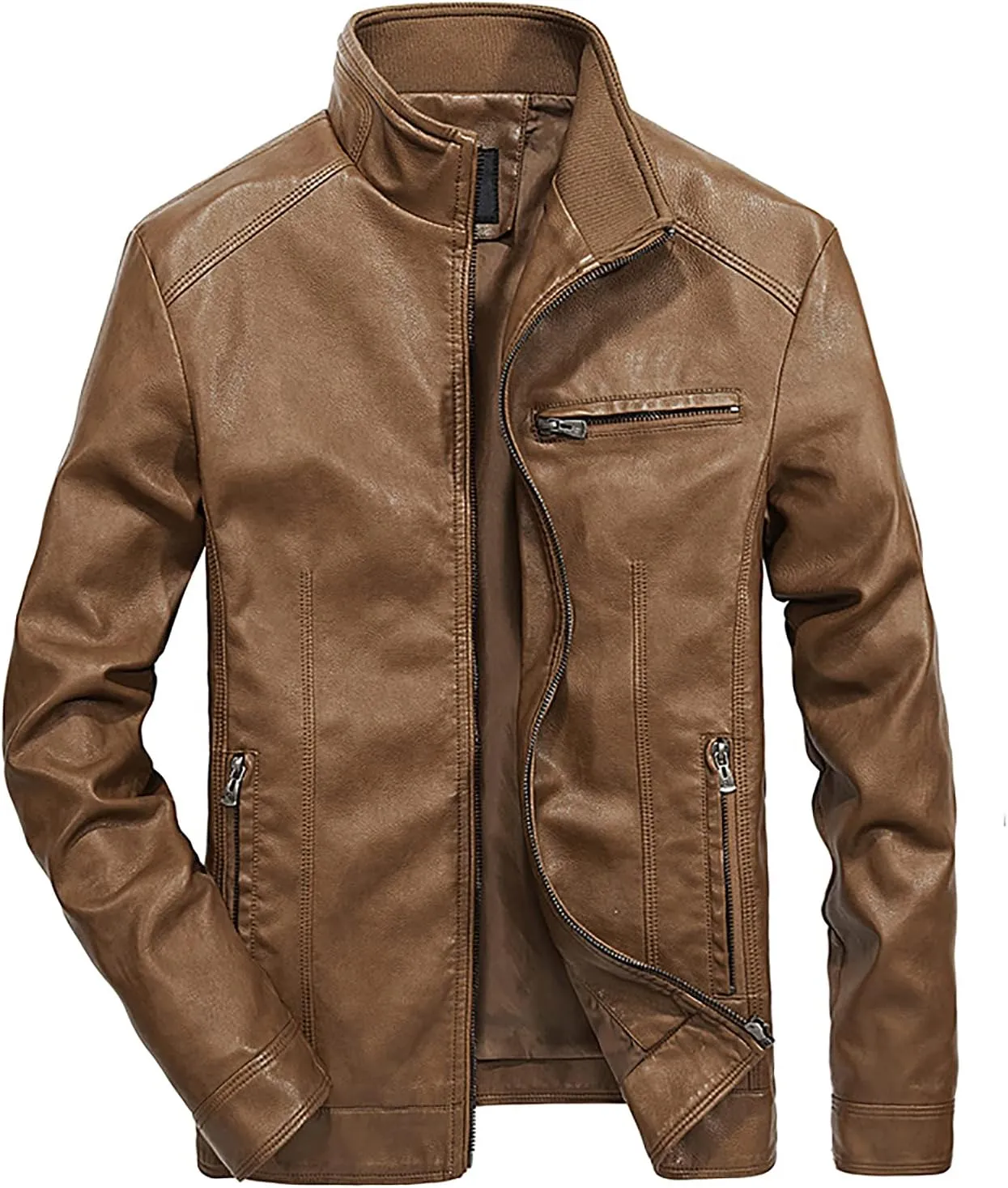 Mens Leather Jacket Slim Fit Motorcycle Biker Jackets Long Sleeve Stand Collar Faux Leather Casual Bomber Coat