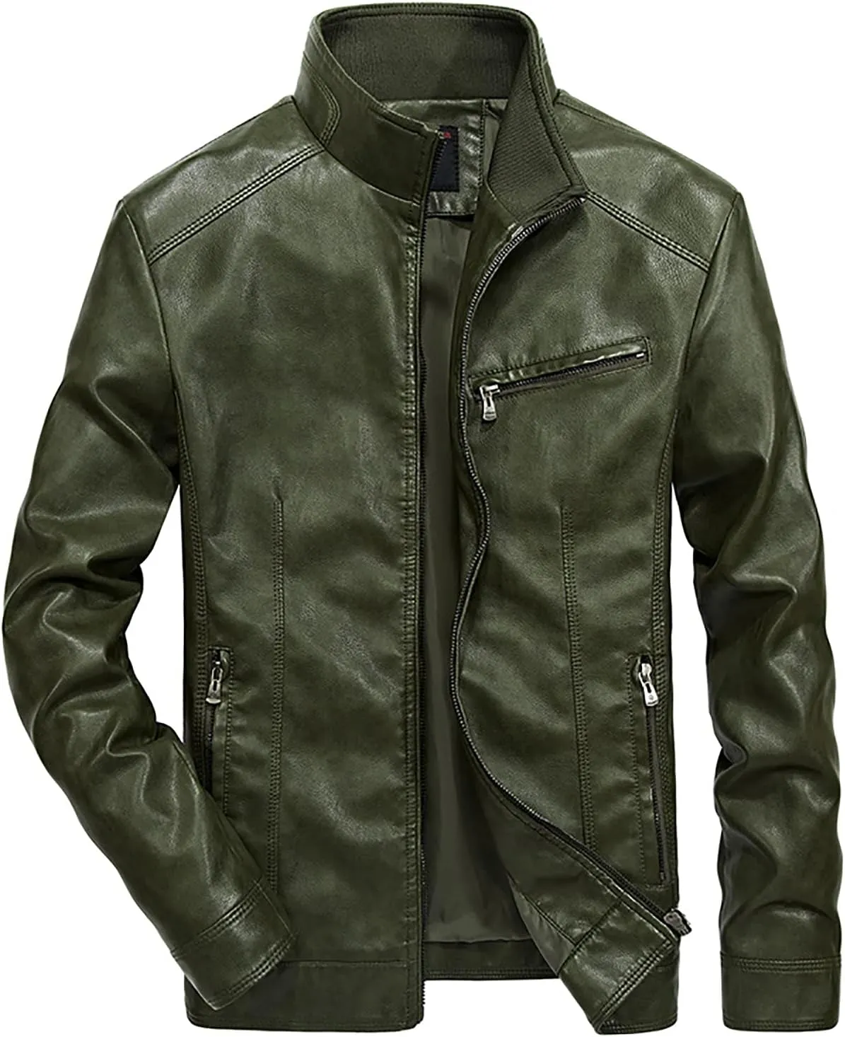 Mens Leather Jacket Slim Fit Motorcycle Biker Jackets Long Sleeve Stand Collar Faux Leather Casual Bomber Coat