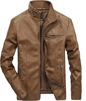 Mens Leather Jacket Slim Fit Motorcycle Biker Jackets Long Sleeve Stand Collar Faux Leather Casual Bomber Coat