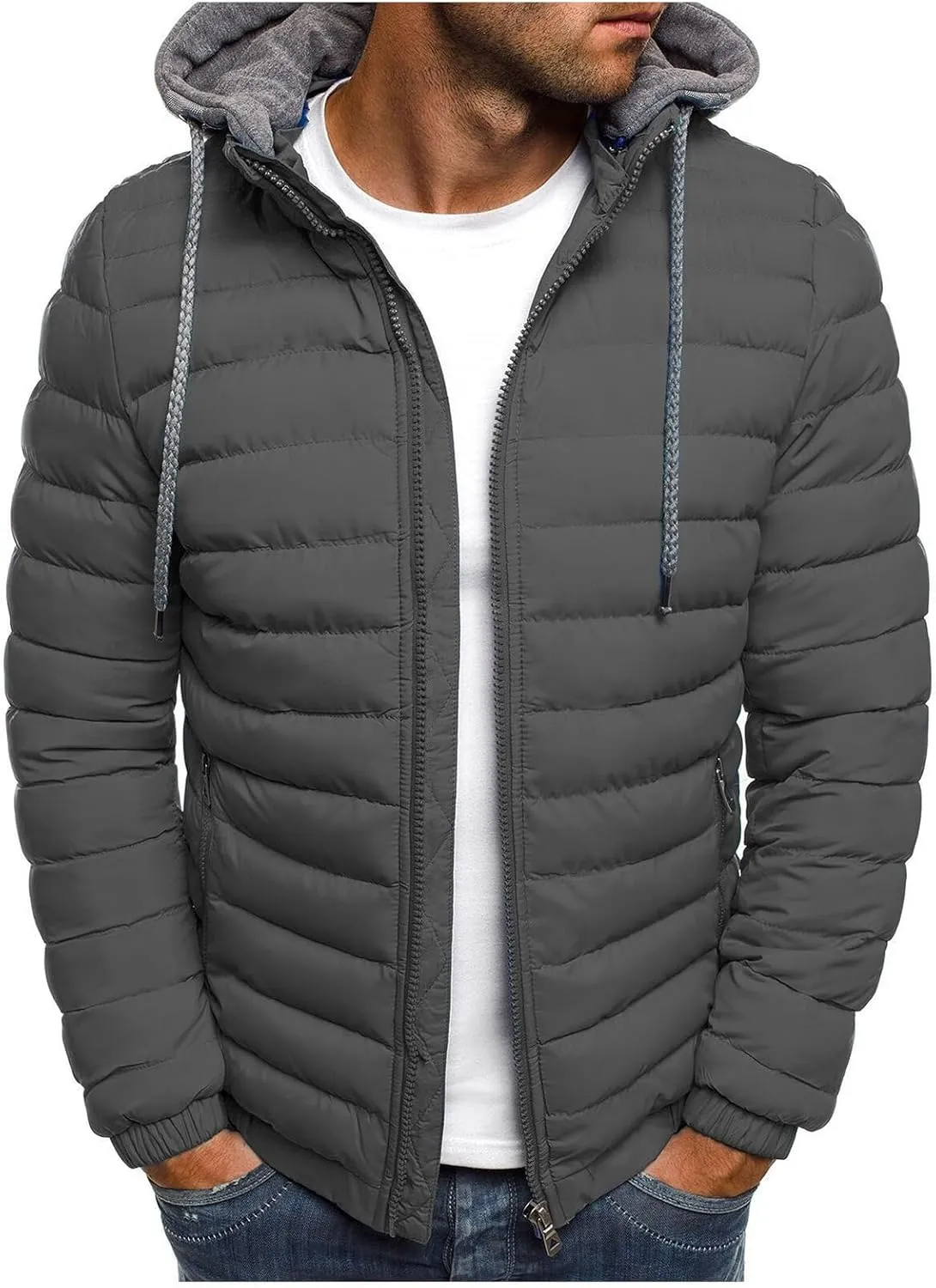 Men's Lightweight Puffer Jacket Hooded Full Zip Water-Resistant Quilted Lined Winter Coats for Outdoor Hiking Camping