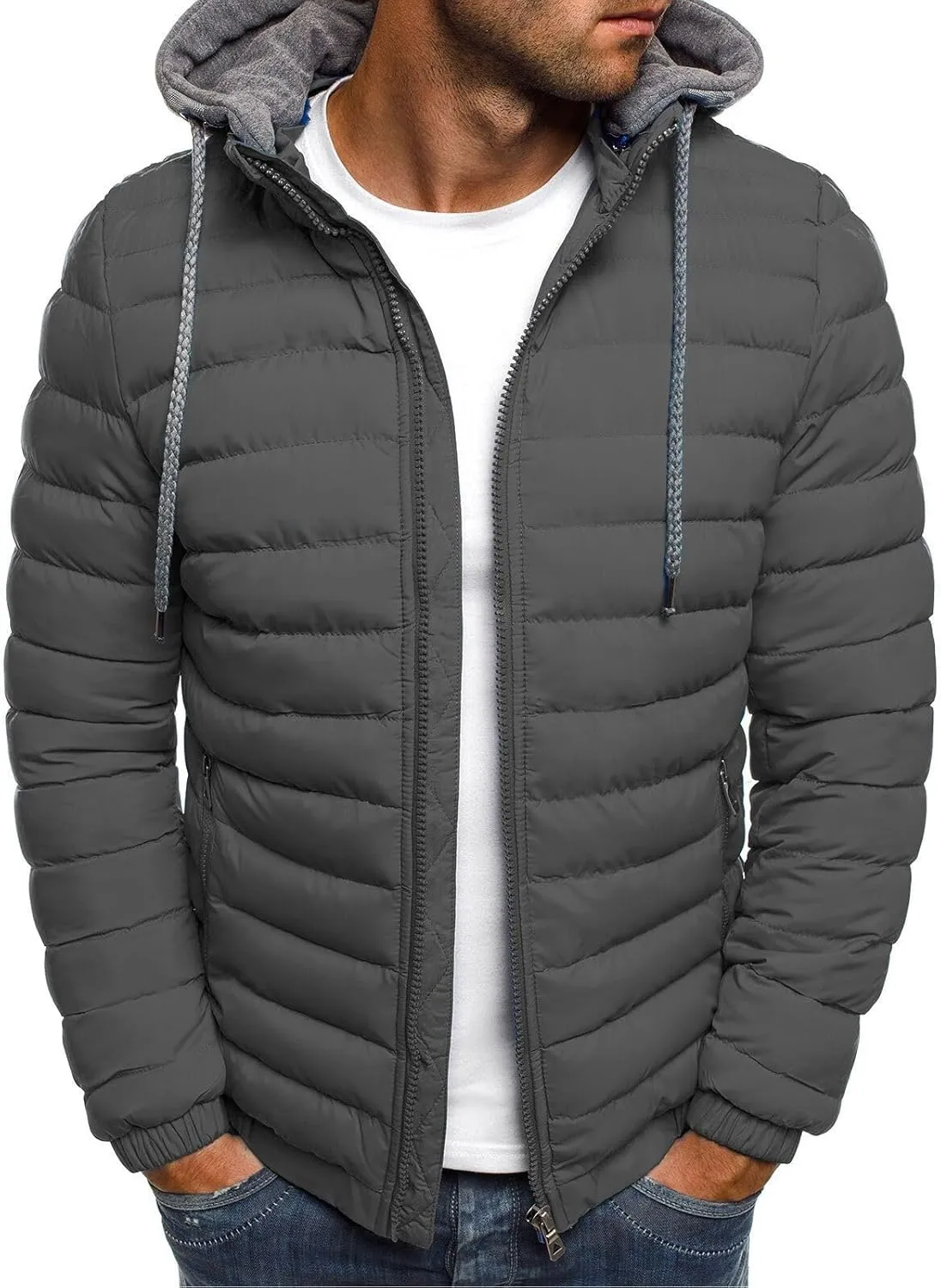 Men's Lightweight Puffer Jacket Hooded Full Zip Water-Resistant Quilted Lined Winter Coats for Outdoor Hiking Camping