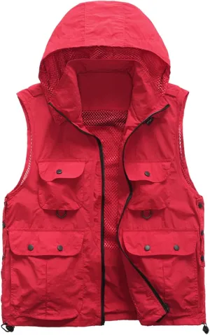 Men's Lightweight Quick Dry Multi Pockets Hooded Cargo Vest Outdoor Utility Fishing Photo Safari Work Travel Vest Jacket