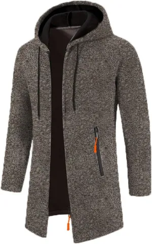 Mens Medium Long Thermal Cardigan Jacket Loose Fit Hooded Drawstring Warm Sweater for Winter Outwear