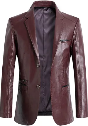 Mens Notch Lapel Leather Dress Suit Jacket Male Business Casual Faux Leather Blazer Jacket Motorcycle Jacket