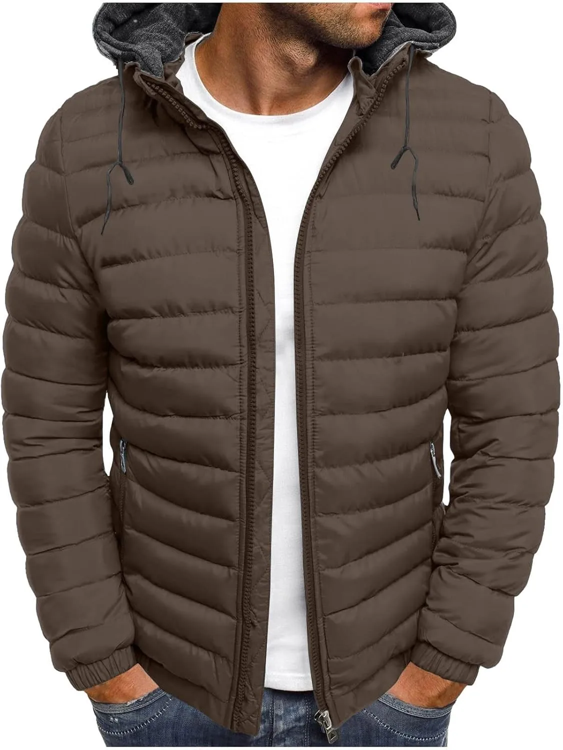 Men's Packable Puffer Jacket Waterproof Hooded Down Coats Quilted Warm Winter Jackets with Zipper Pockets