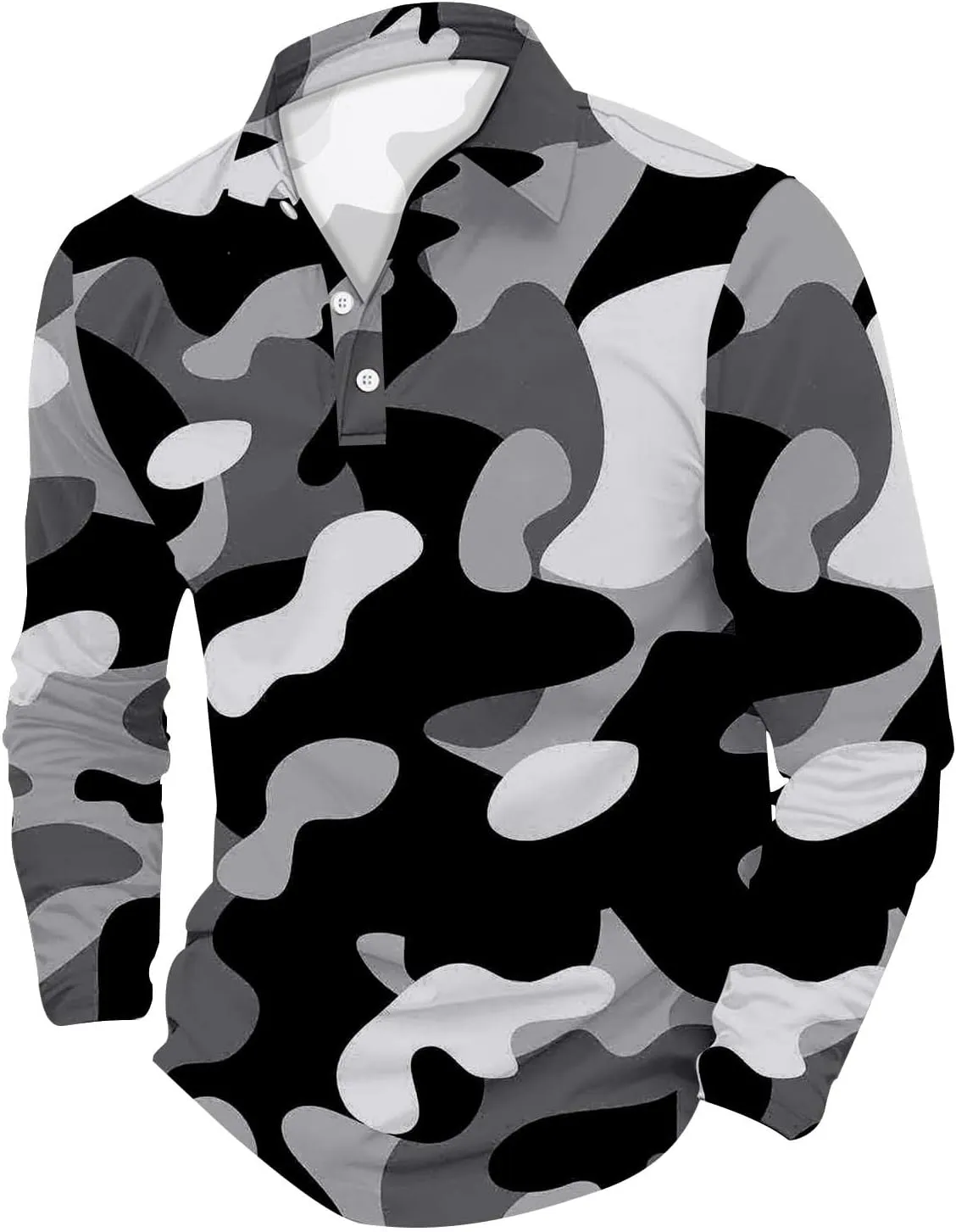 Mens Polo Shirts Camo Quarter Button Shirts Casual Classic Lightweight Long Sleeve Golf Collared Shirt Athletic Tops