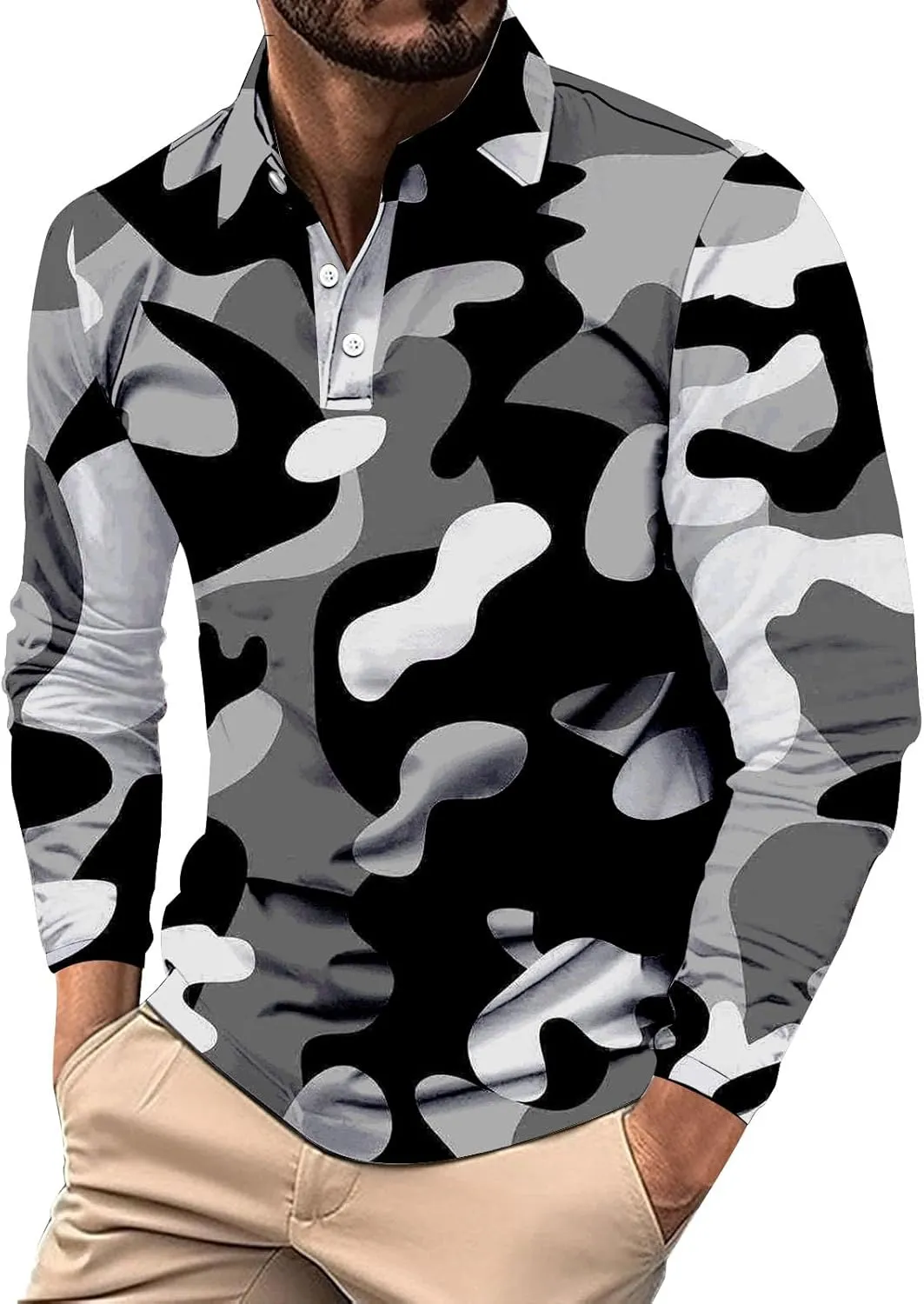 Mens Polo Shirts Camo Quarter Button Shirts Casual Classic Lightweight Long Sleeve Golf Collared Shirt Athletic Tops